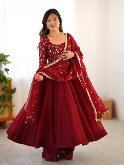 Maroon Anarkali Pant Set with Embroidered Dupatta