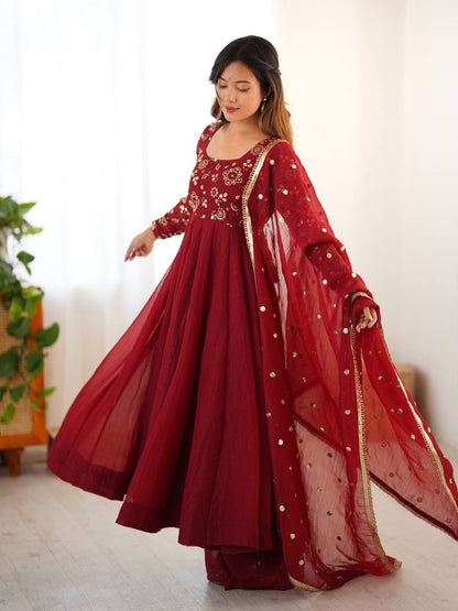 Maroon Anarkali Pant Set with Embroidered Dupatta