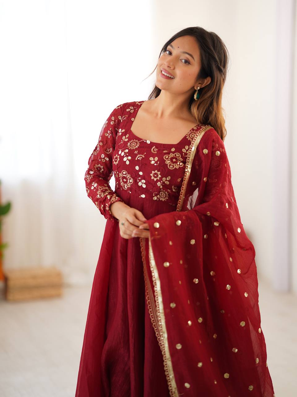 Maroon Anarkali Pant Set with Embroidered Dupatta