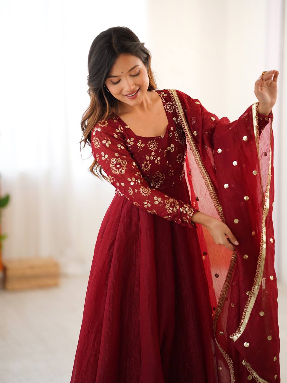 Maroon Anarkali Pant Set with Embroidered Dupatta