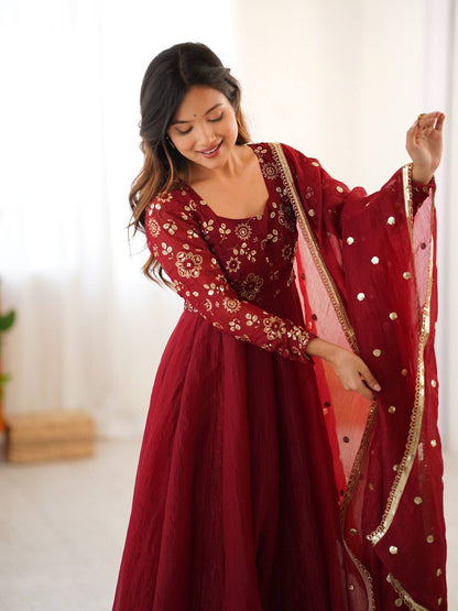 Maroon Anarkali Pant Set with Embroidered Dupatta