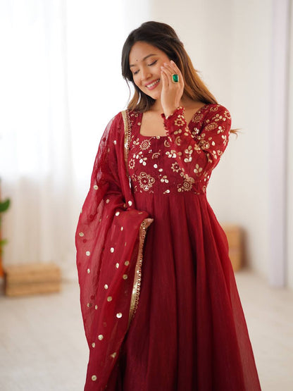 Maroon Anarkali Pant Set with Embroidered Dupatta