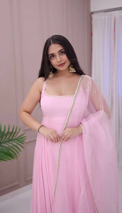 Elegant Pink Georgette Gown with Pant & Dupatta