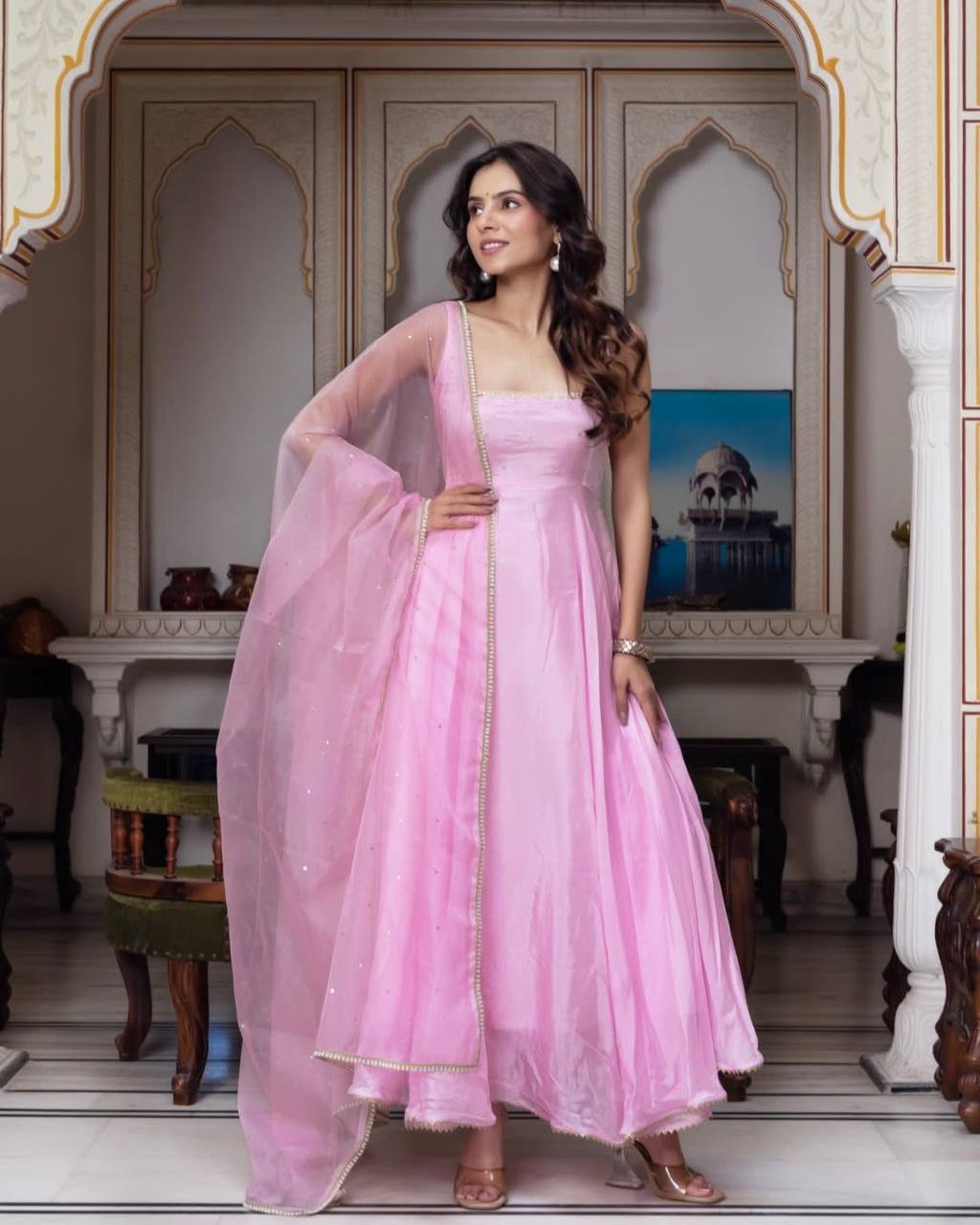 Elegant Pink Georgette Gown with Pant & Dupatta