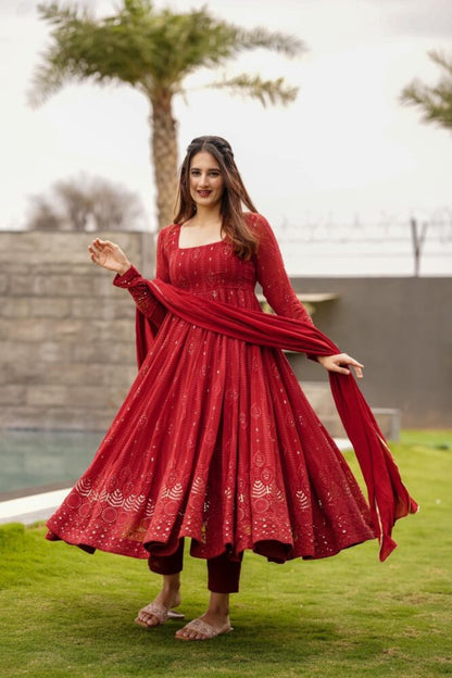 RED EMBROIDERED GEORGETTE SUIT SET