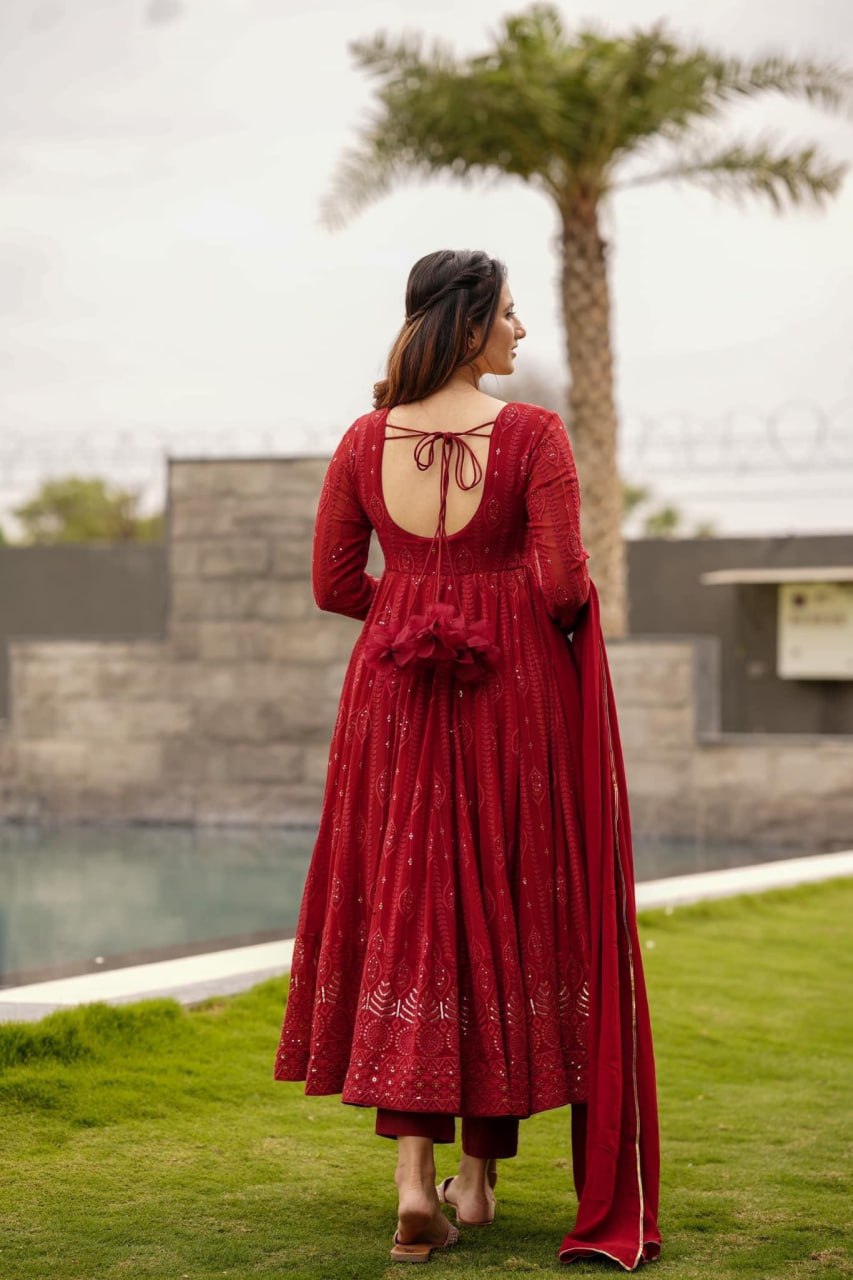 RED EMBROIDERED GEORGETTE SUIT SET