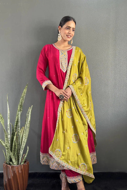 Rani Pink Silk Anarkali with Plazo & Mustard Dupatta