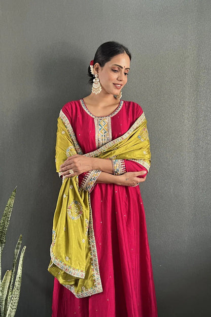Rani Pink Silk Anarkali with Plazo & Mustard Dupatta