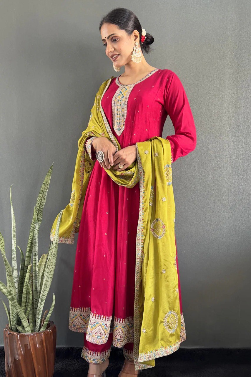Rani Pink Silk Anarkali with Plazo & Mustard Dupatta