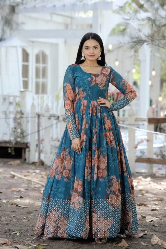 Floral Georgette Gown with Zari Work