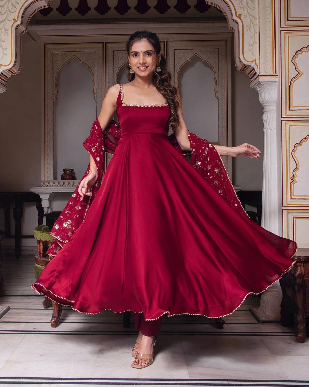 Deep Wine Embroidered Anarkali with Dupatta & Bottom