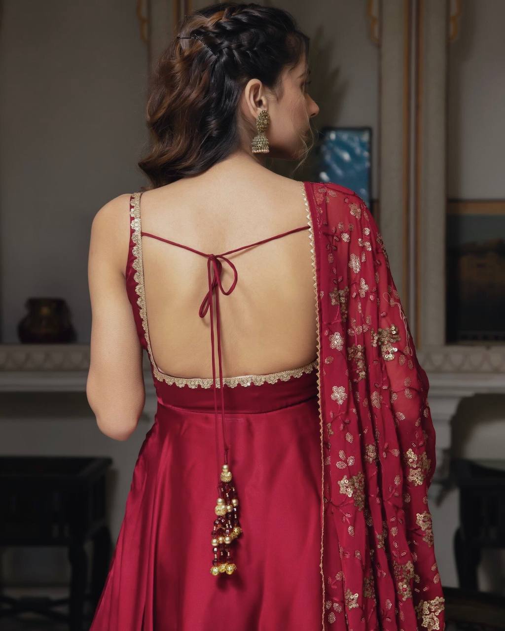 Deep Wine Embroidered Anarkali with Dupatta & Bottom