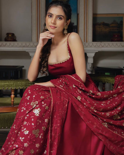 Deep Wine Embroidered Anarkali with Dupatta & Bottom