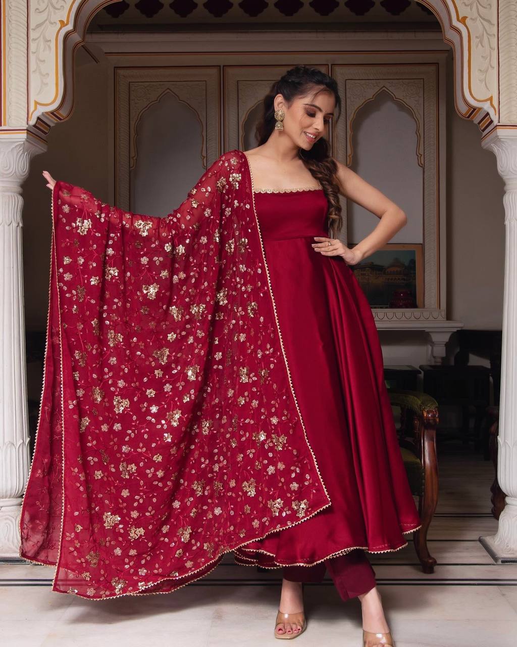 Deep Wine Embroidered Anarkali with Dupatta & Bottom