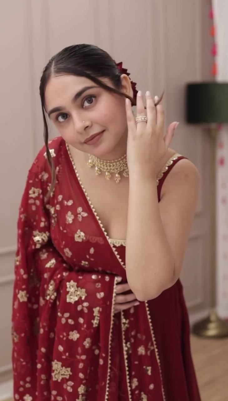 Deep Wine Embroidered Anarkali with Dupatta & Bottom