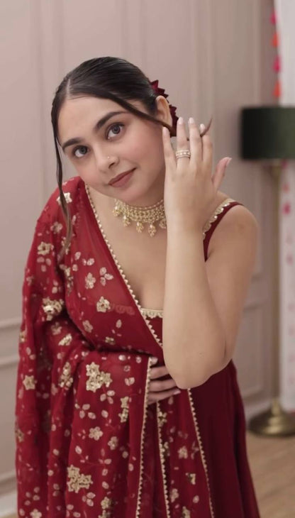 Deep Wine Embroidered Anarkali with Dupatta & Bottom