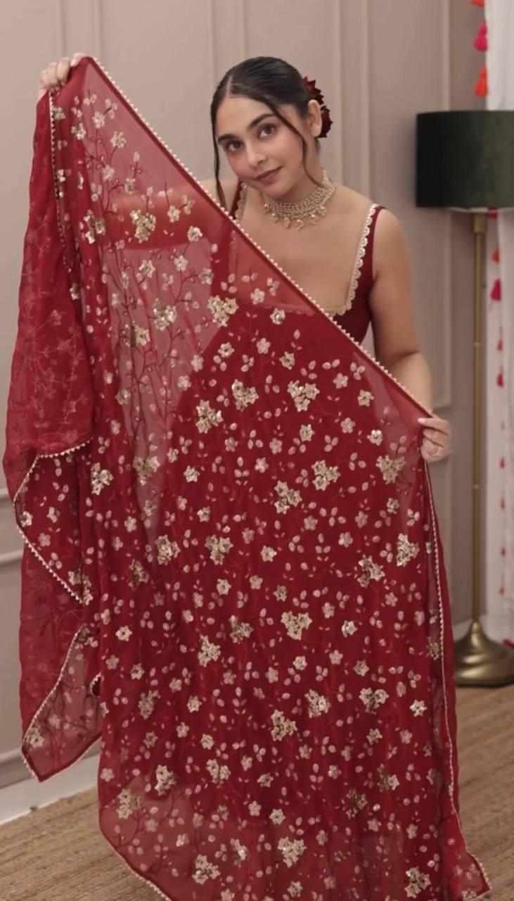 Deep Wine Embroidered Anarkali with Dupatta & Bottom