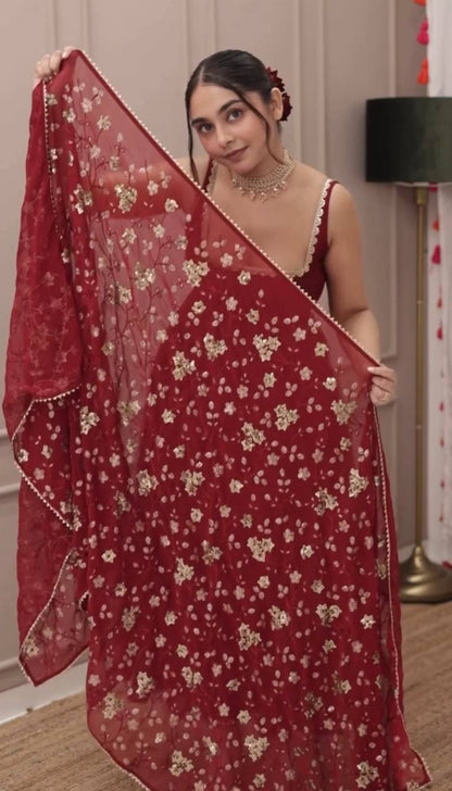 Deep Wine Embroidered Anarkali with Dupatta & Bottom