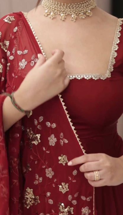 Deep Wine Embroidered Anarkali with Dupatta & Bottom