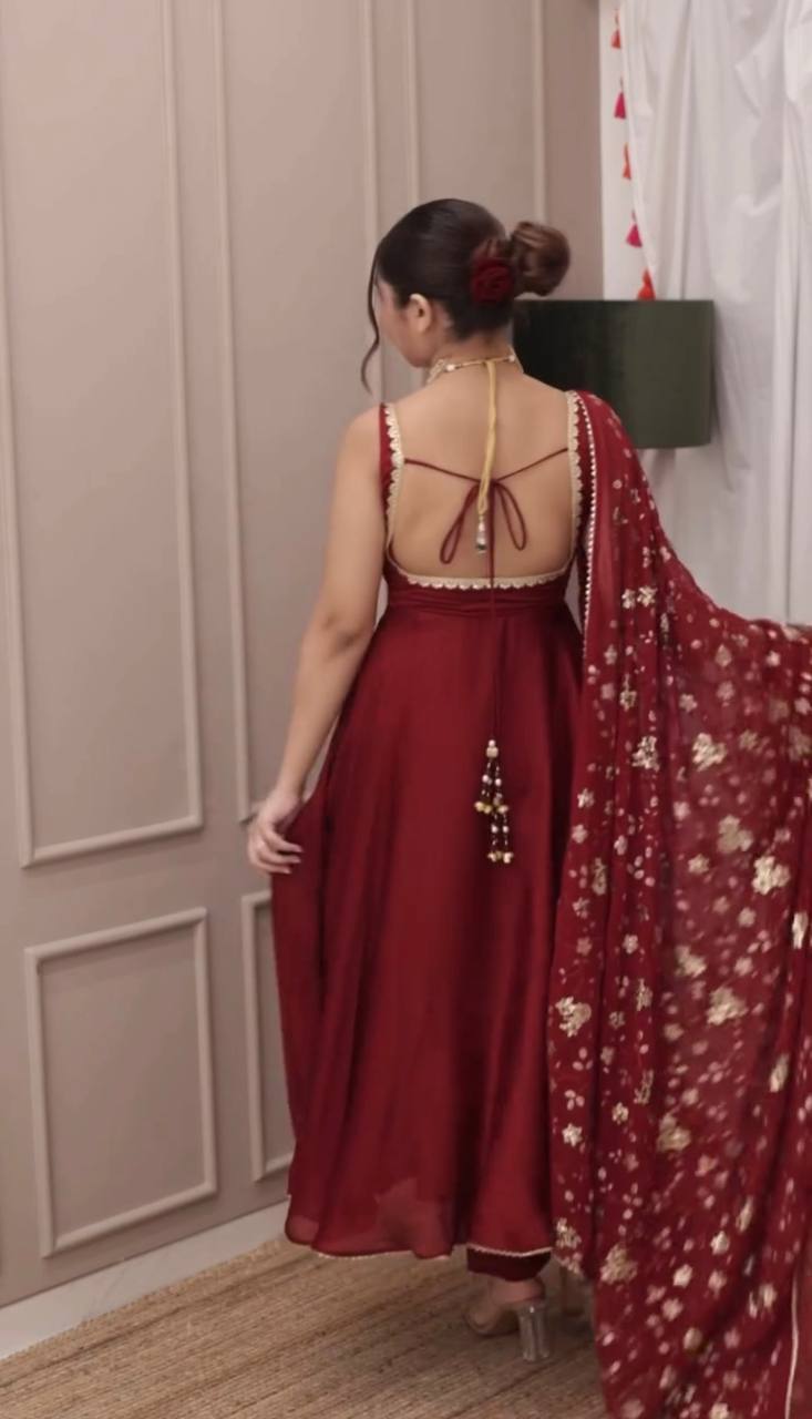 Deep Wine Embroidered Anarkali with Dupatta & Bottom