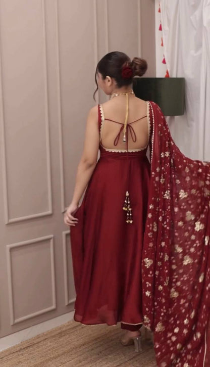 Deep Wine Embroidered Anarkali with Dupatta & Bottom