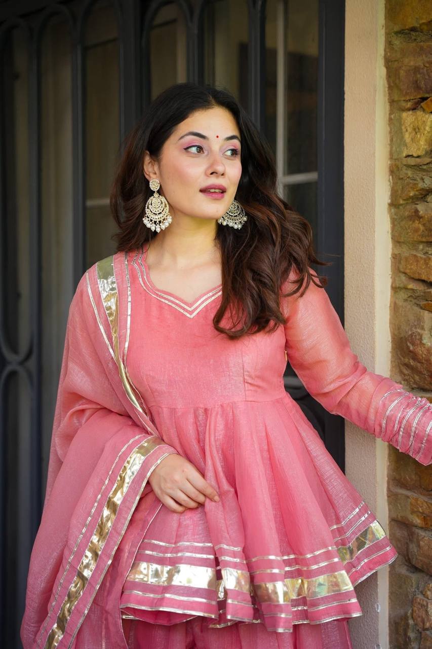 Elegant Pink Suit Set with Sharara and Dupatta