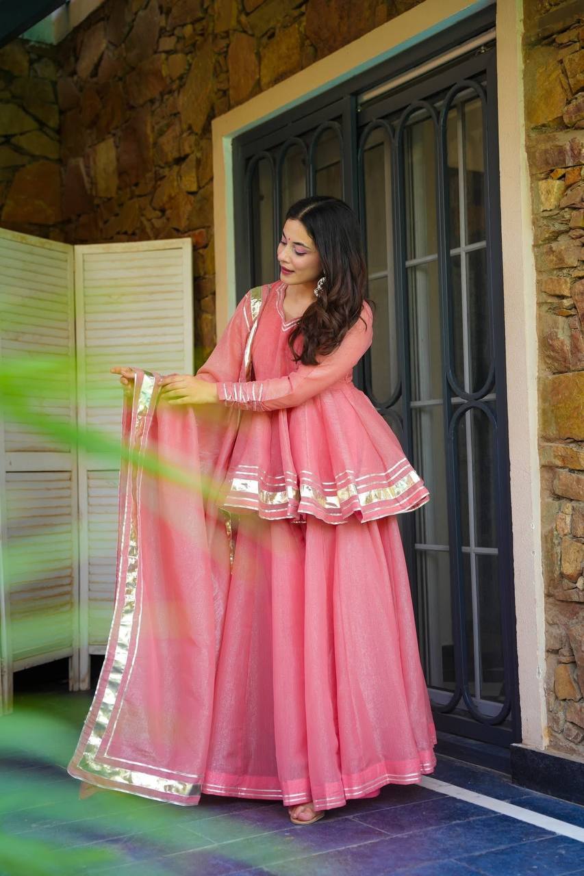 Elegant Pink Suit Set with Sharara and Dupatta
