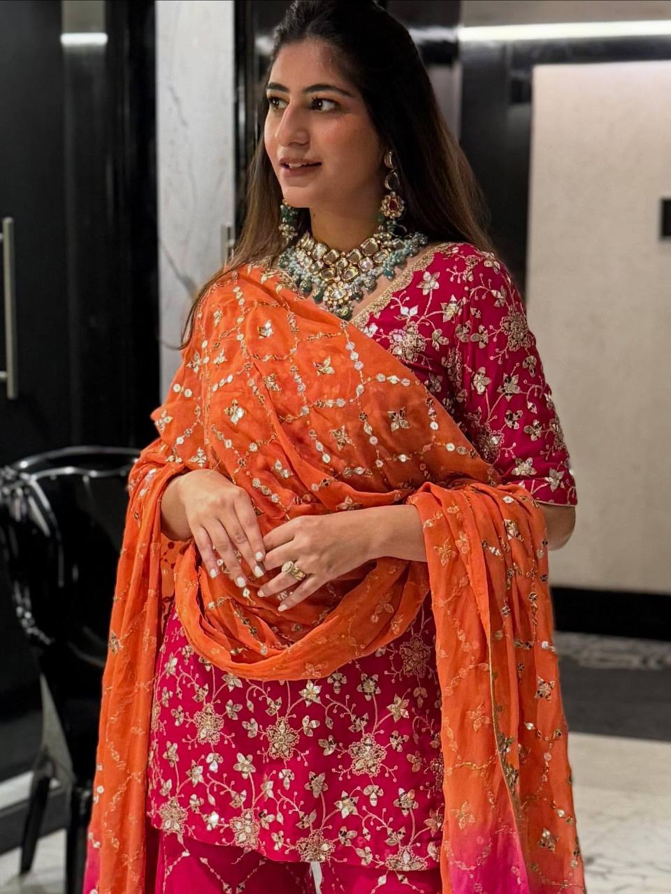 Rani Pink Georgette Embroidery Kurta with Sharara & Dupatta