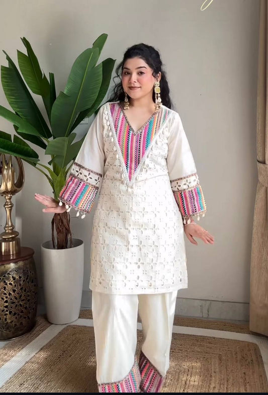 Elegant White Embroidered Kurta Set