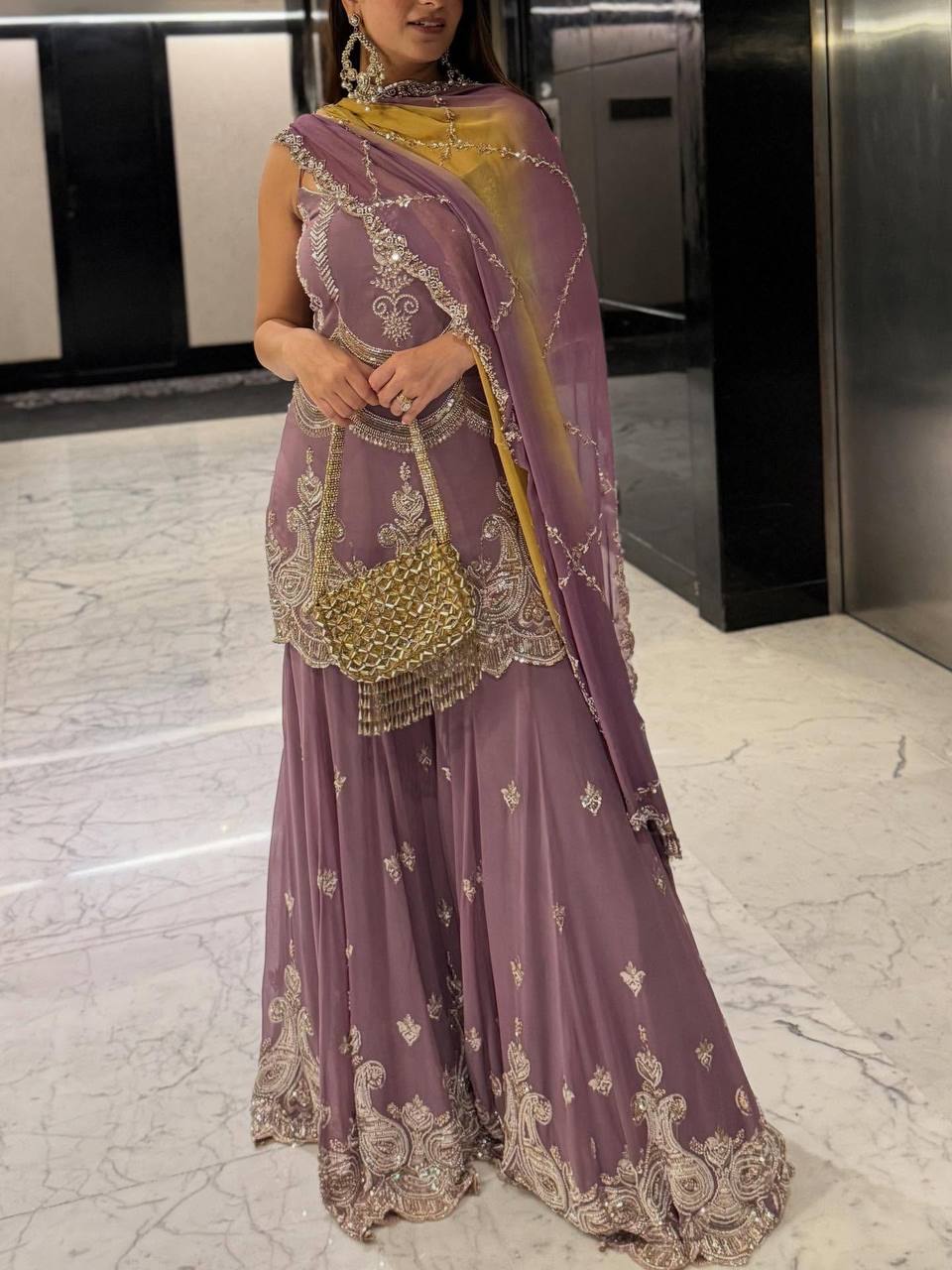 Lavender Faux Georgette Kurta with Sharara & Dupatta