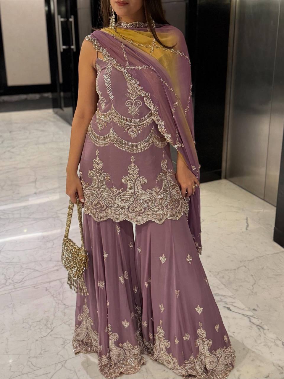 Lavender Faux Georgette Kurta with Sharara & Dupatta