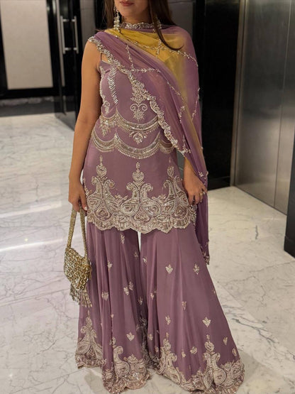 Lavender Faux Georgette Kurta with Sharara & Dupatta