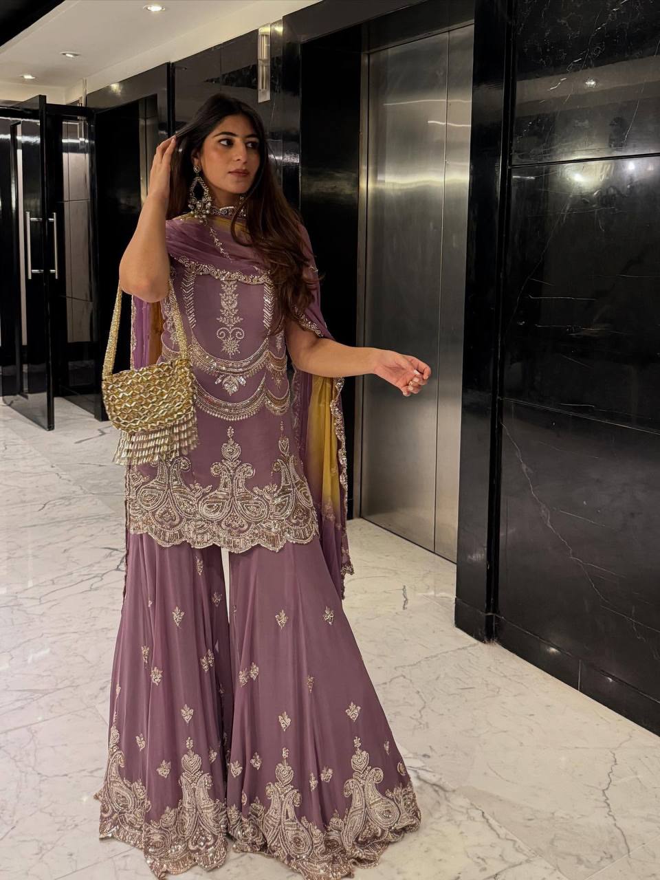 Lavender Faux Georgette Kurta with Sharara & Dupatta