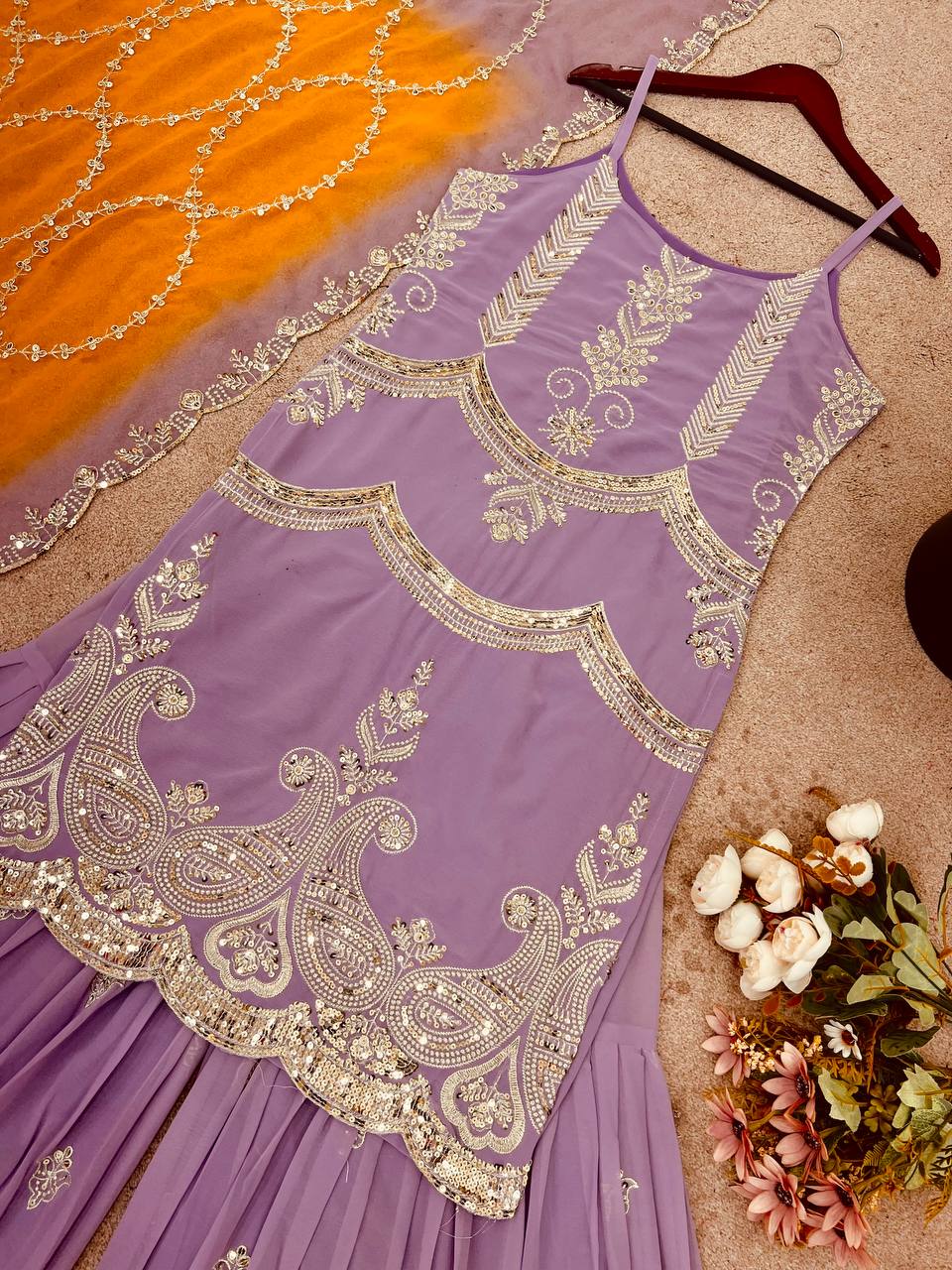 Lavender Faux Georgette Kurta with Sharara & Dupatta