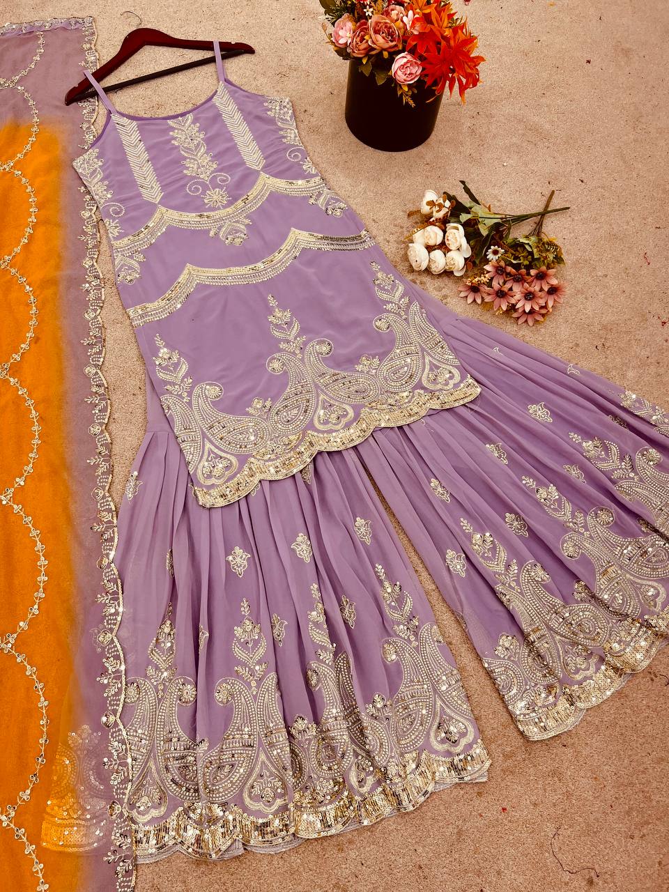 Lavender Faux Georgette Kurta with Sharara & Dupatta