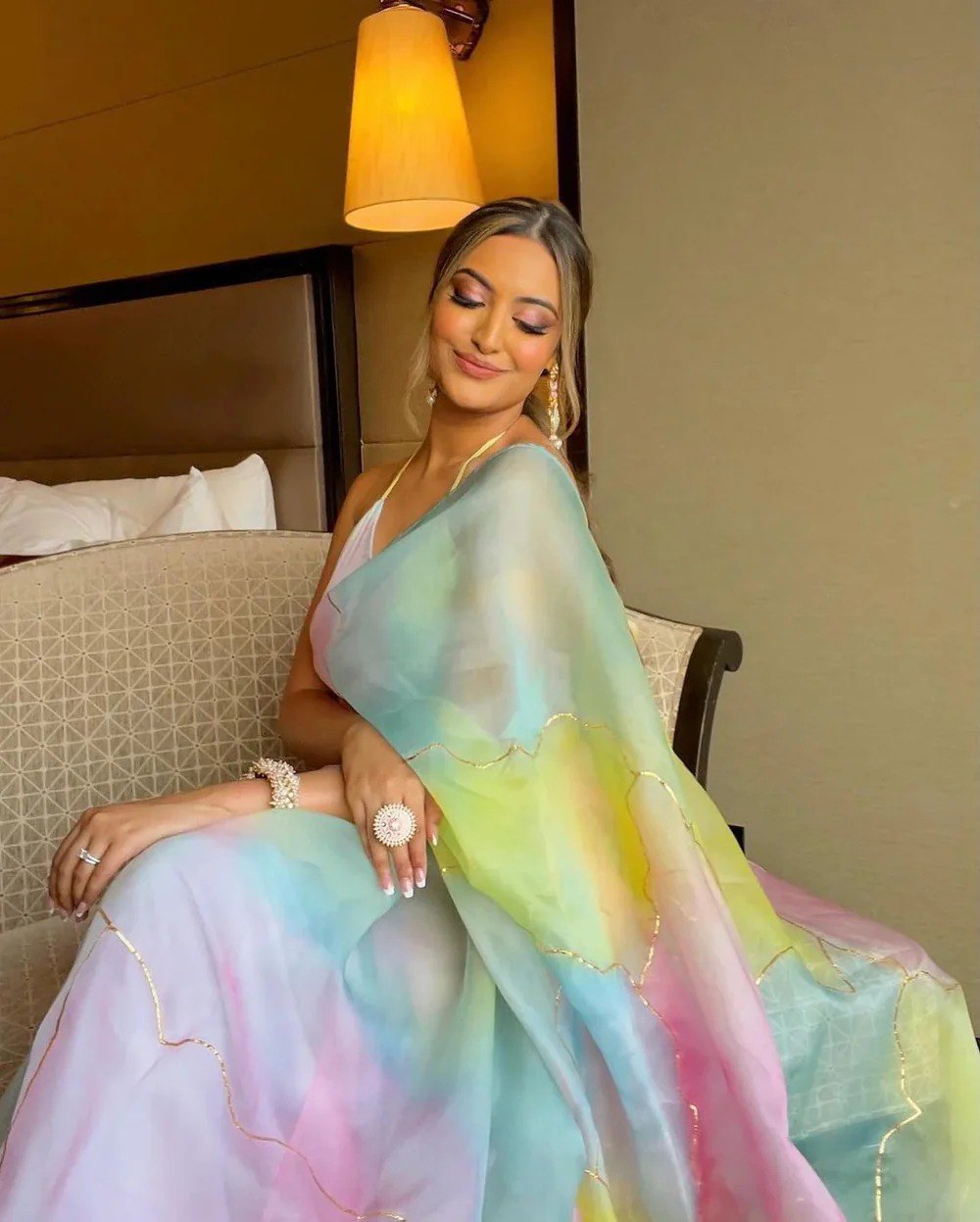 Pastel Multicolor Organza Saree with Golden Detailing