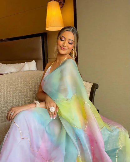 Pastel Multicolor Organza Saree with Golden Detailing