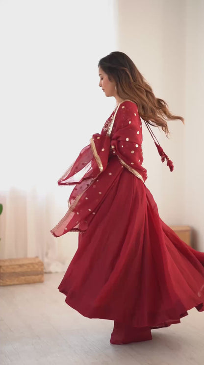 Maroon Anarkali Pant Set with Embroidered Dupatta