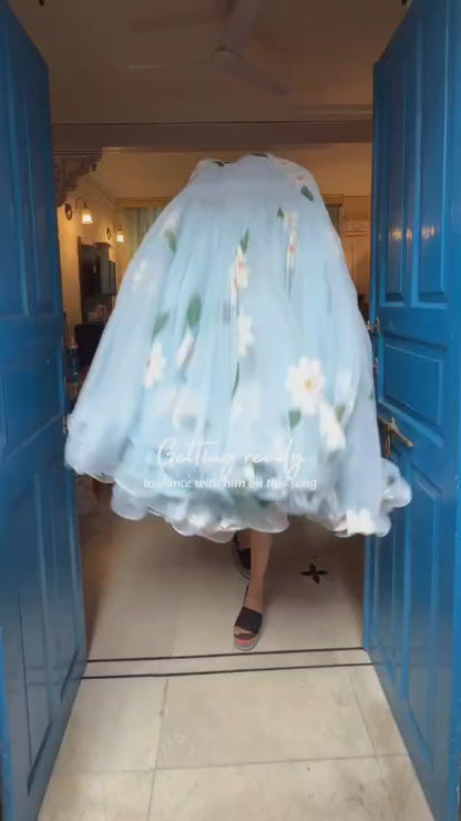 Elegant Sky Blue Floral Organza Saree with Designer Blouse & Soft Flowy Drape