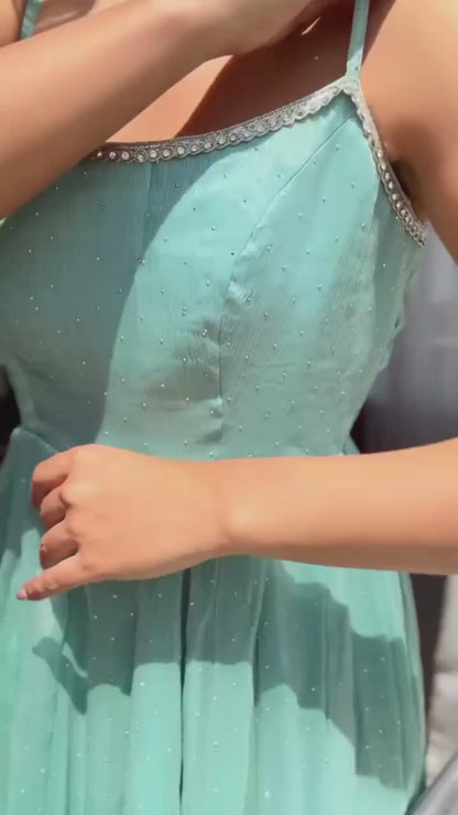 Aqua Elegance Anarkali Pant Set with Dupatta