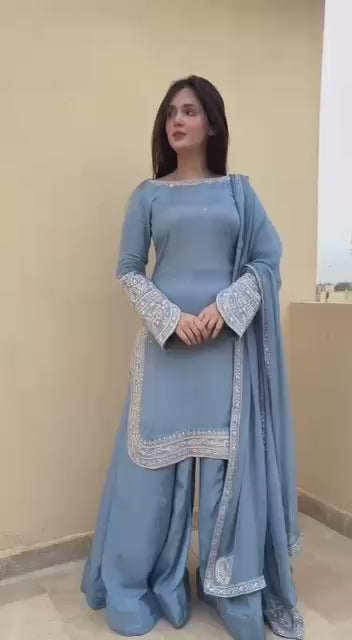 Sky Blue Faux Georgette Kurta with Plazzo & Dupatta