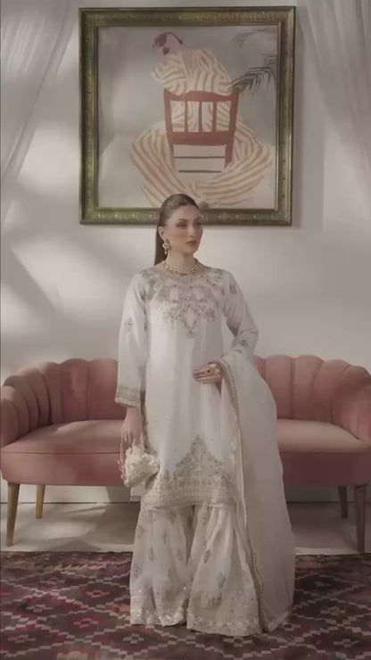 Elegant White Embroidered Sharara Set & Dupatta