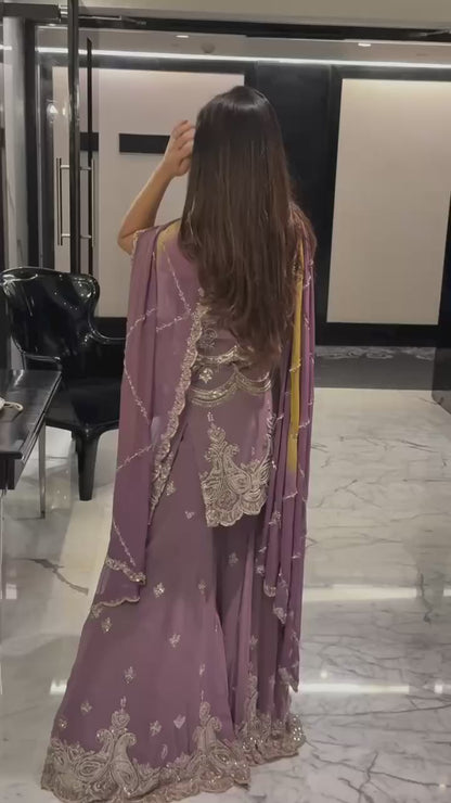 Lavender Faux Georgette Kurta with Sharara & Dupatta