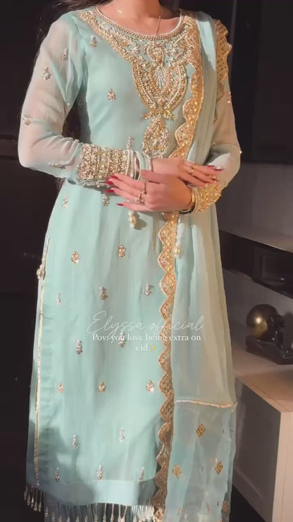 Elegant Sky Blue Embroidered Palazzo Suit