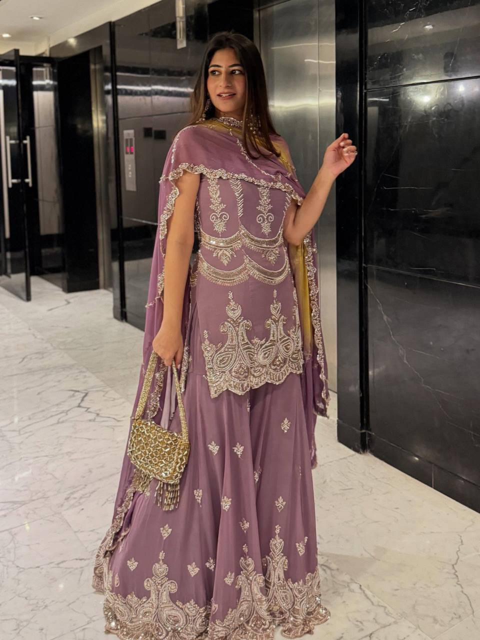 Lavender Faux Georgette Kurta with Sharara & Dupatta