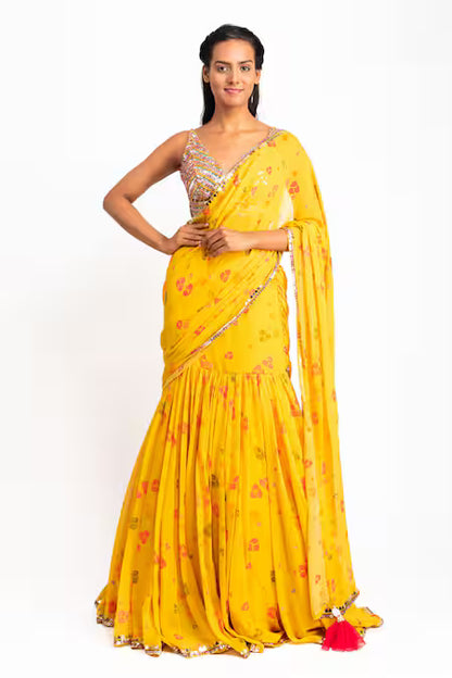 Sunshine Bloom Ruffle Georgette Lehenga Saree