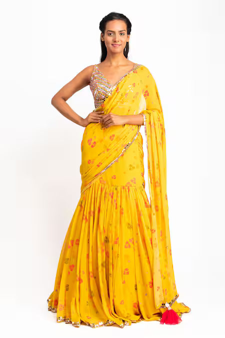 Sunshine Bloom Ruffle Georgette Lehenga Saree